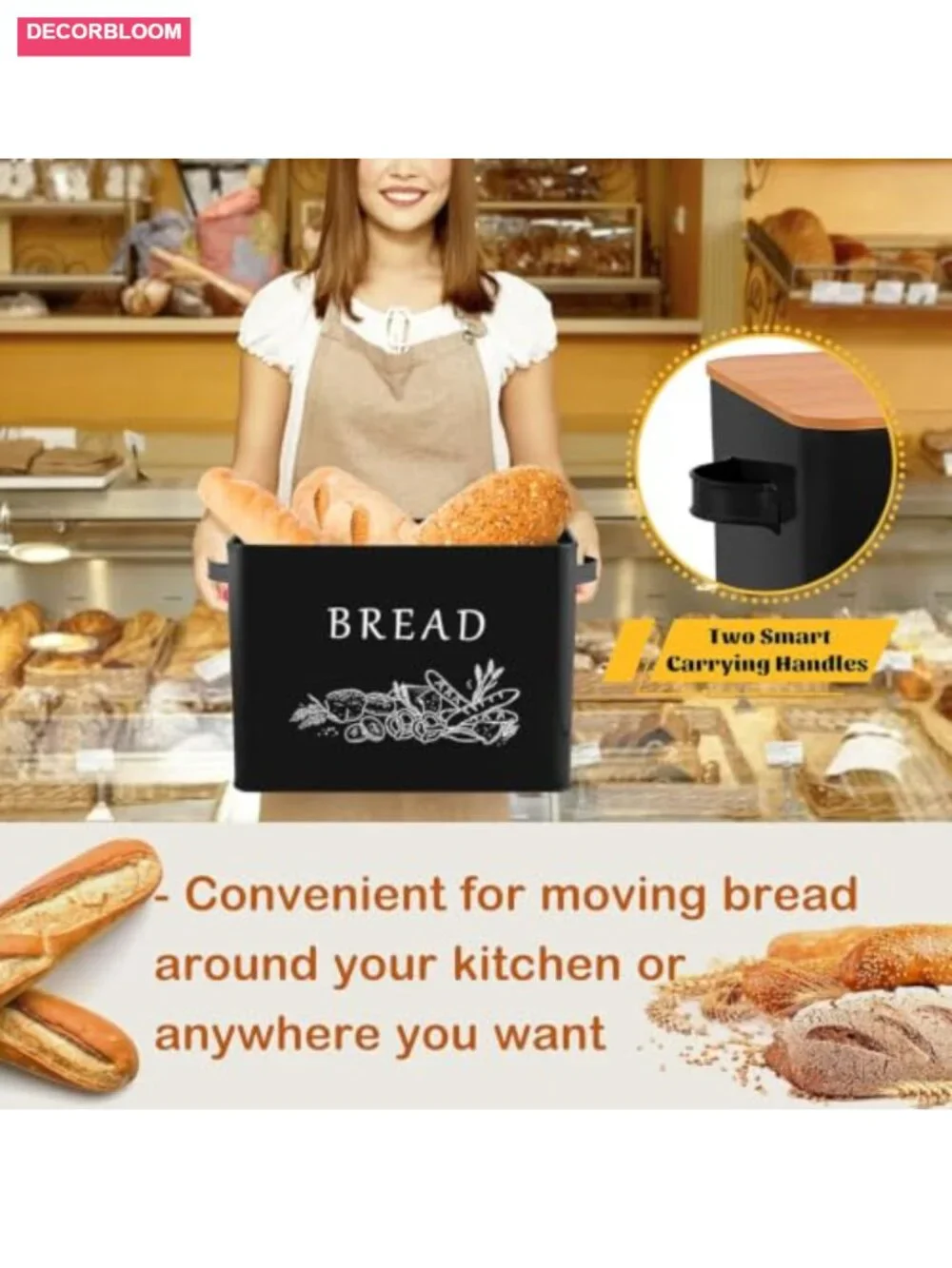 E-far Bread Box Metal Storage Container with Bamboo Lid